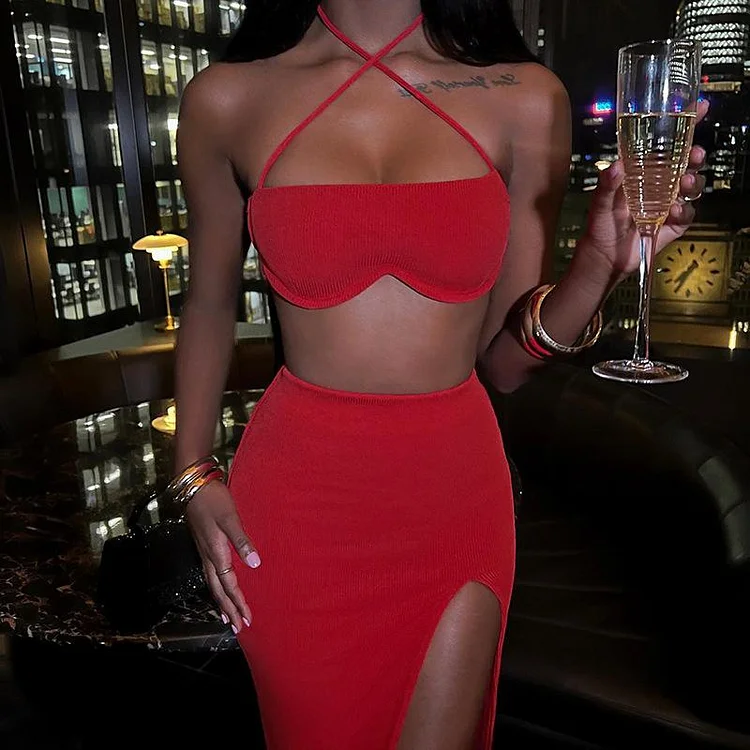 Promsstyle Halter neck corset top with side slit knitted midi skirt two-piece set Prom Dress 2023
