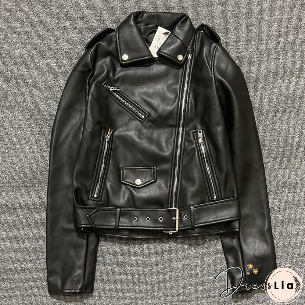 Spring Autumn Women Faux Leather Jacket Ladies Solid With Belt Zipper Biker Coat Female Casual Outwear