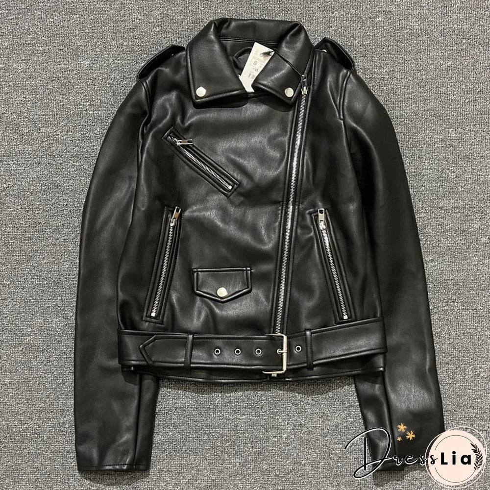 Spring Autumn Women Faux Leather Jacket Ladies Solid With Belt Zipper Biker Coat Female Casual Outwear