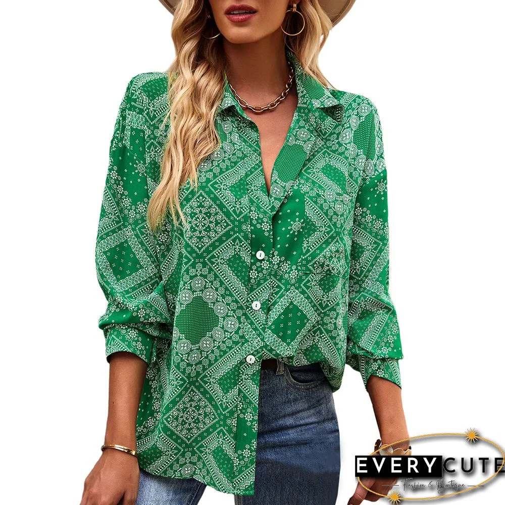 Green Digital Print Button Pocket Shirt