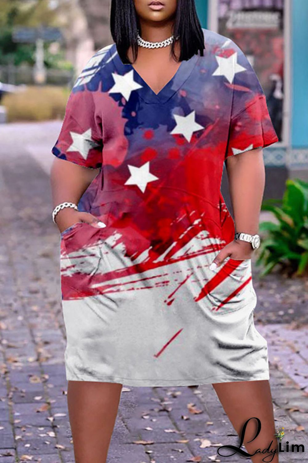 Deep Blue Casual Print Patchwork V Neck Dresses