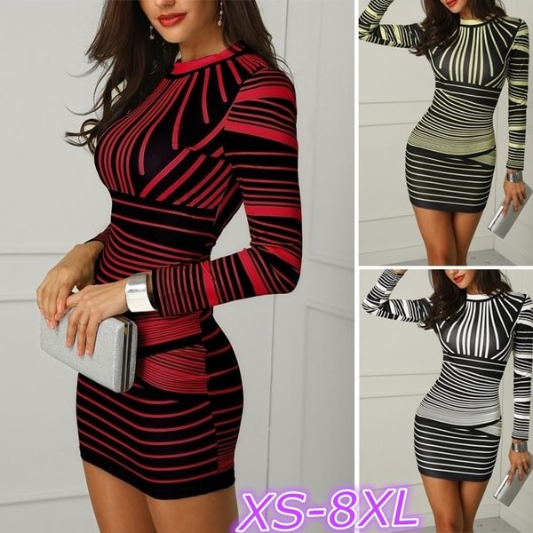 Women Slim Dress Women Long Sleeve Stripe Digital Printing Casual Mini Dress Bodycon Dresses Plus Size - Life is Beautiful for You - SheChoic