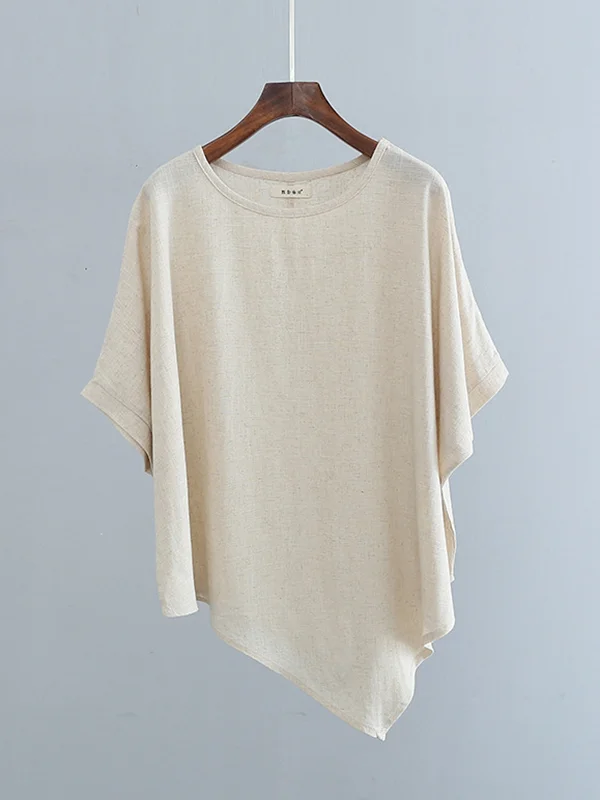 Artistic Retro Loose Linen Asymmetric T-Shirt Top