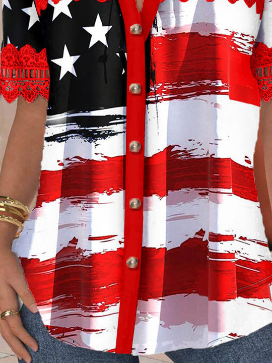 Women Short Sleeve V-neck Striped Star Printed Graphic Lace Hollow Stitching Button Tops