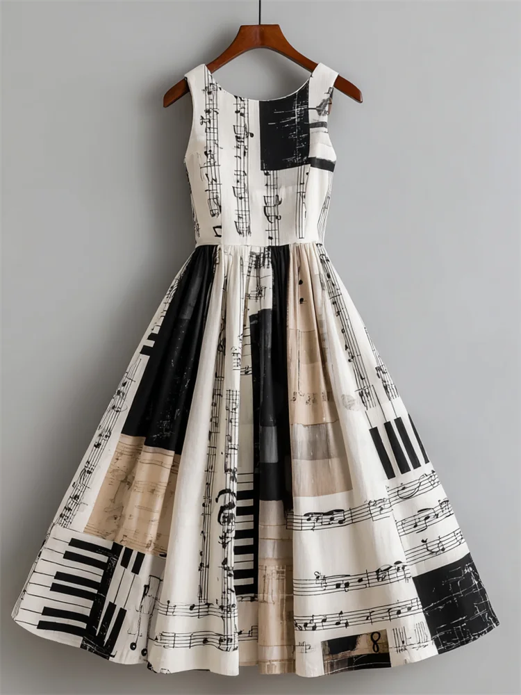 Simpfit Edles Leinenkleid mit Musiknoten und Klaviertasten in Blockfarben