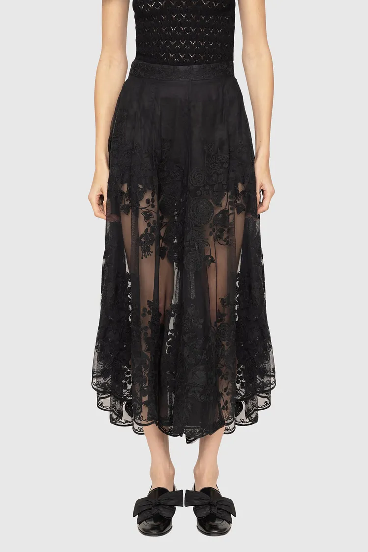 Faunus Embroidered Floral Mesh Maxi Skirt In Black