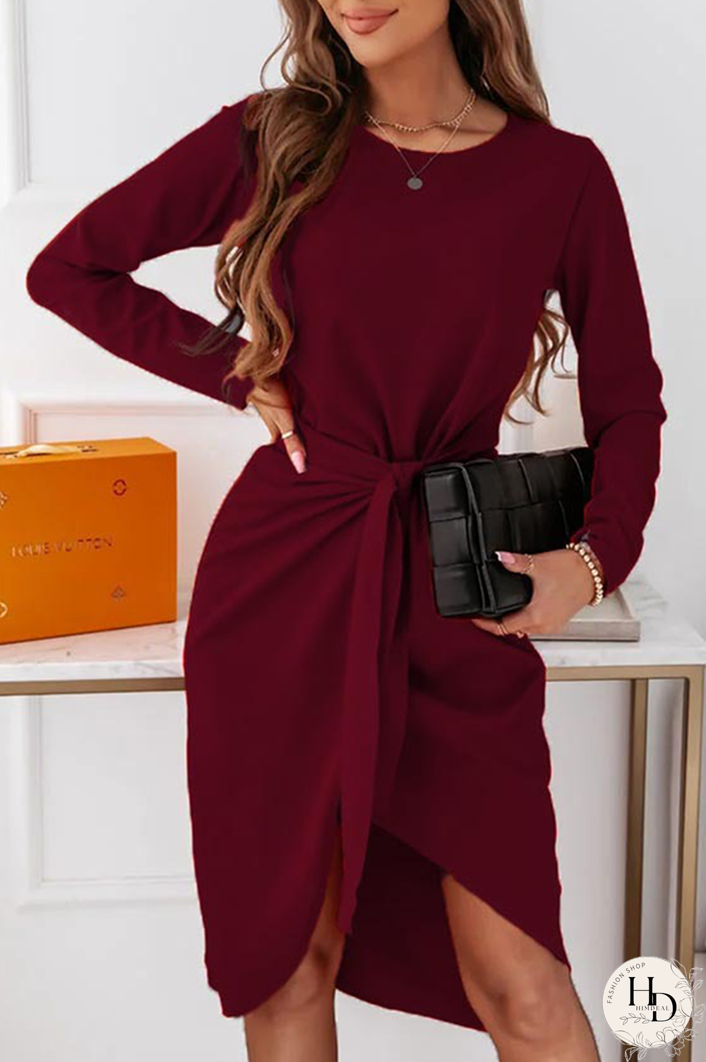 Fashion Elegant Solid With Belt  O Neck Long Sleeve Dresses（3 Colors）