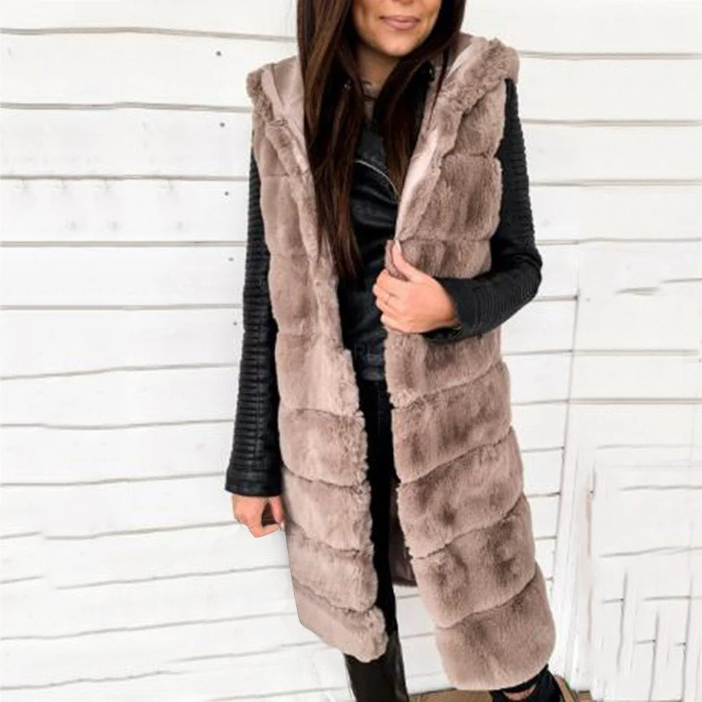 Fashion Solid Plush Long Jacket Vest Waistcoat Cardigan Casual Ladies Faux Coat Winter Sleeveless Streetwear Womens Outerwear