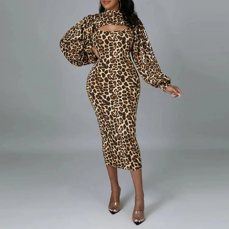 Leopard Print Long Sleeve 2PCS Dress Set - IRBOOM Fashion Clothing