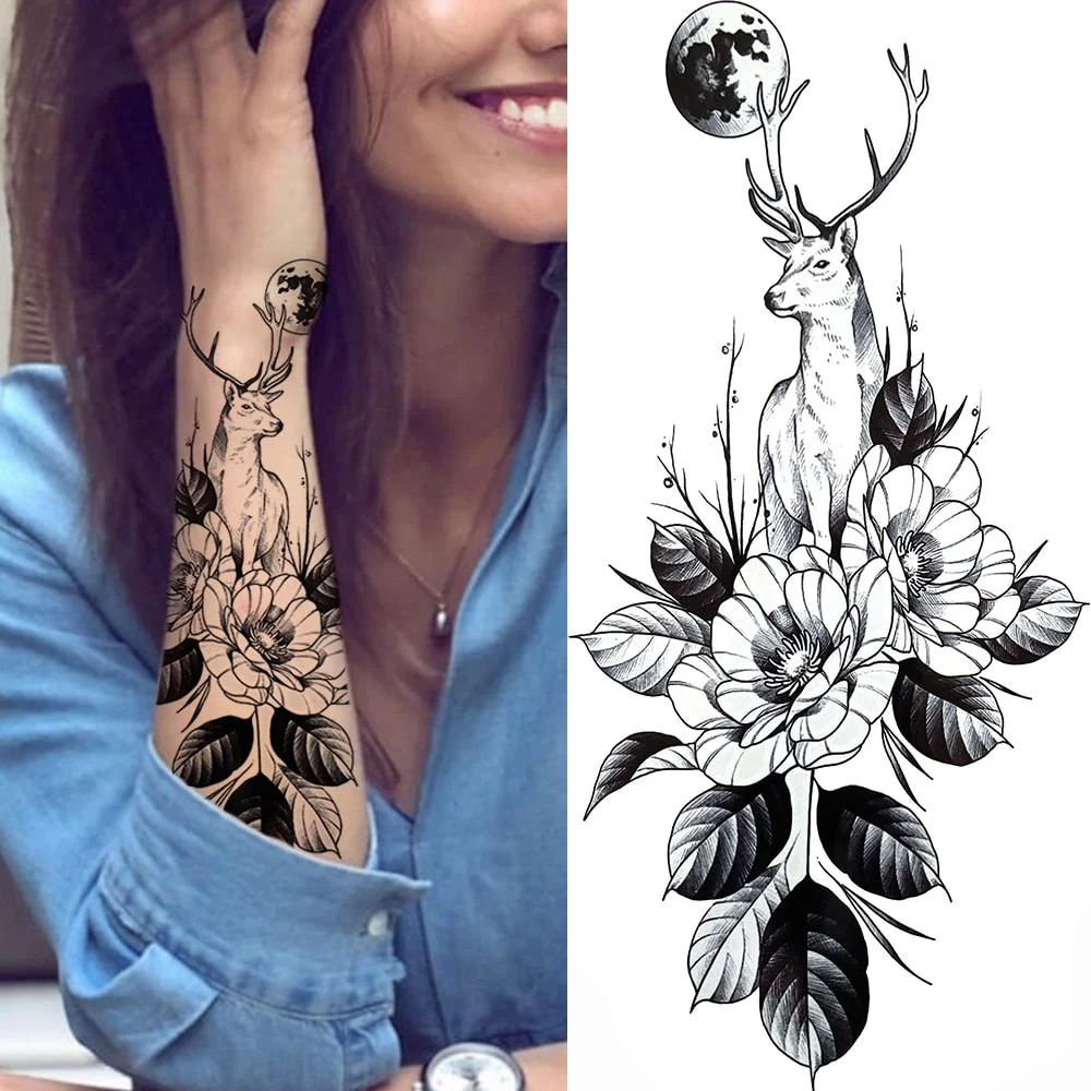 Fake Flower Rose Temporary Tattoos For Women Girl Peony Daisy Deer Moon Tattoos Sticker Black Cluster Body Art Painting Tatoos