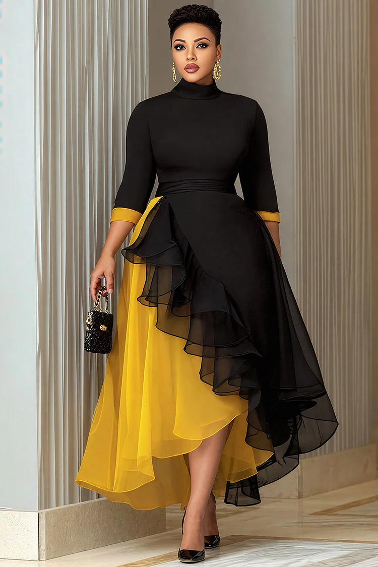 Xpluswear Design Plus Size Formal Black Mock Neck 3/4 Sleeve Ruffle Elegant Chiffon Midi Dresses 2024 - Xpluswear