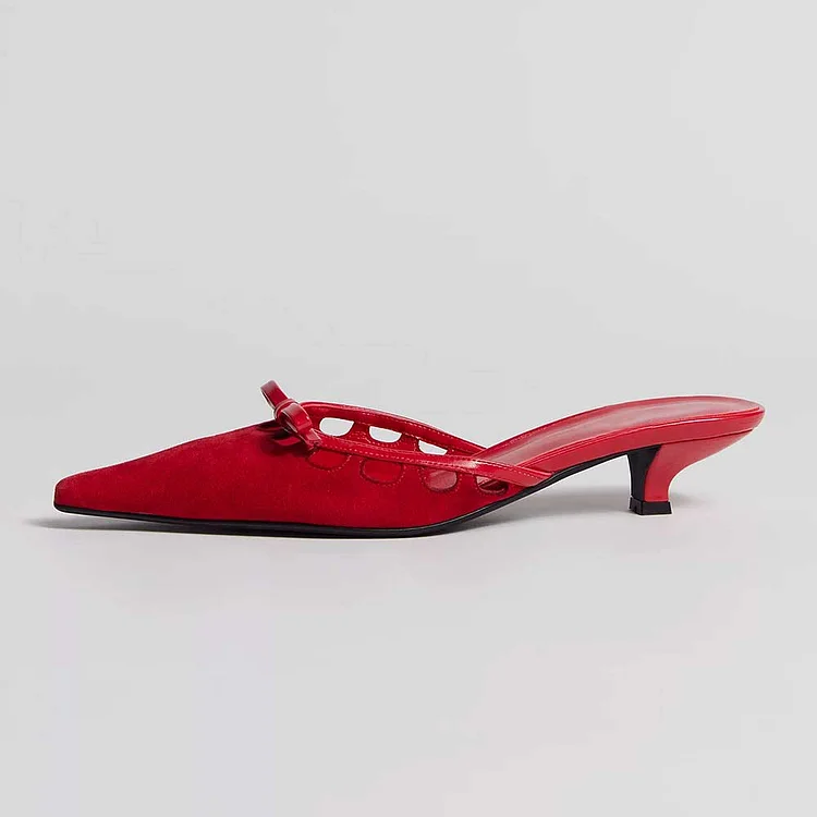 Red Velvet Pointy Toe Cutout Kitten Heel Mules with Bow Decor |FSJ Shoes