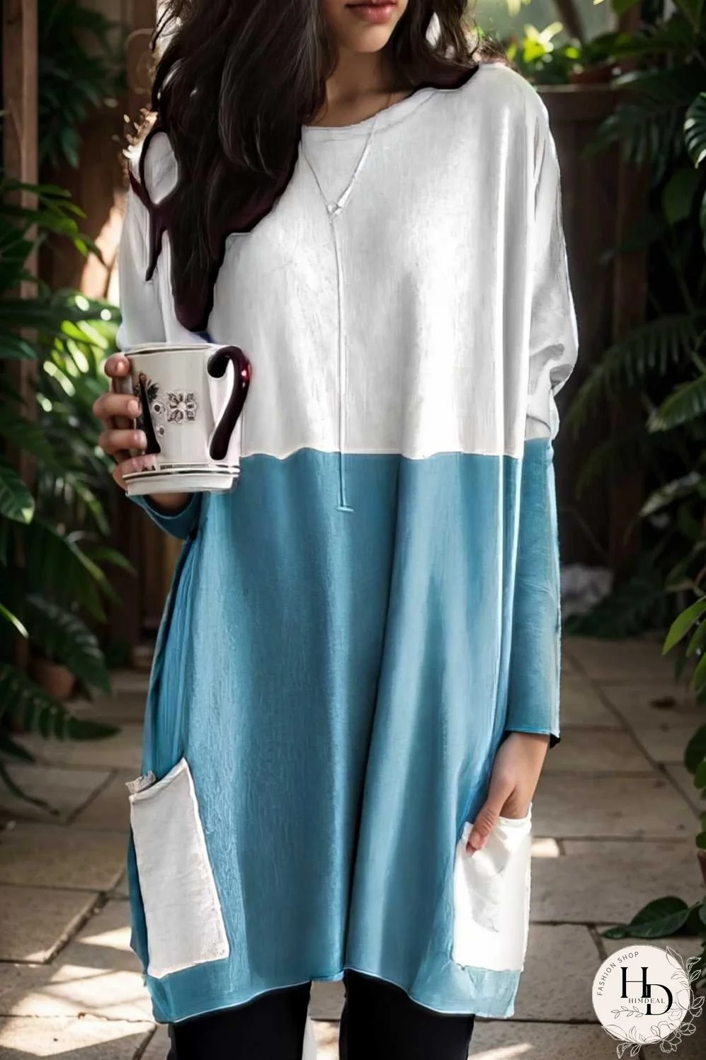 two color stitching pocket loose long sleeve t shirt