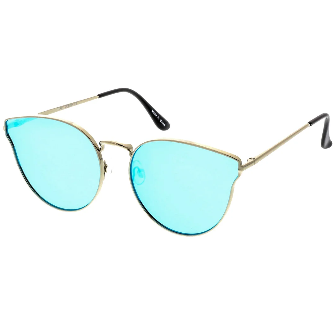 Premium Metal Cat Eye Sunglasse With Slim Arms And Round Colored Mirror Flat Lens 54mm