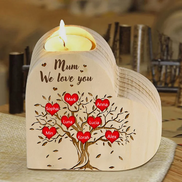 8 Names-Personalized Mum/Nan Family Tree Heart Wooden Candle Holder, Custom Name And Text Family Candlestick for Mother/Grandma