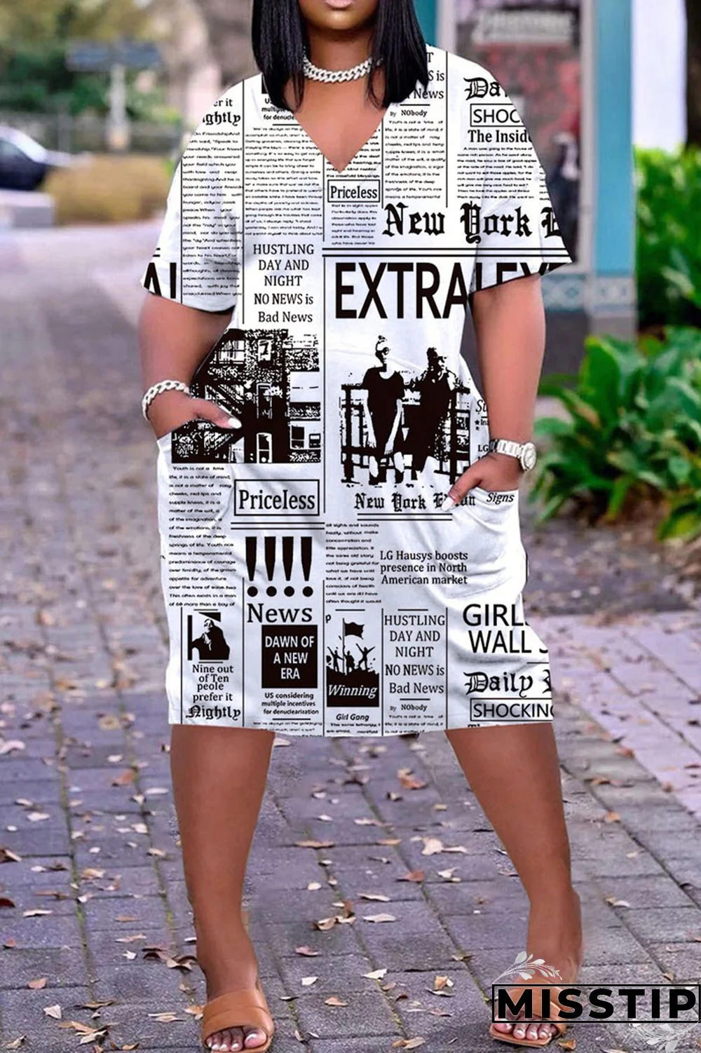White Black Casual Print Patchwork V Neck Straight Dresses