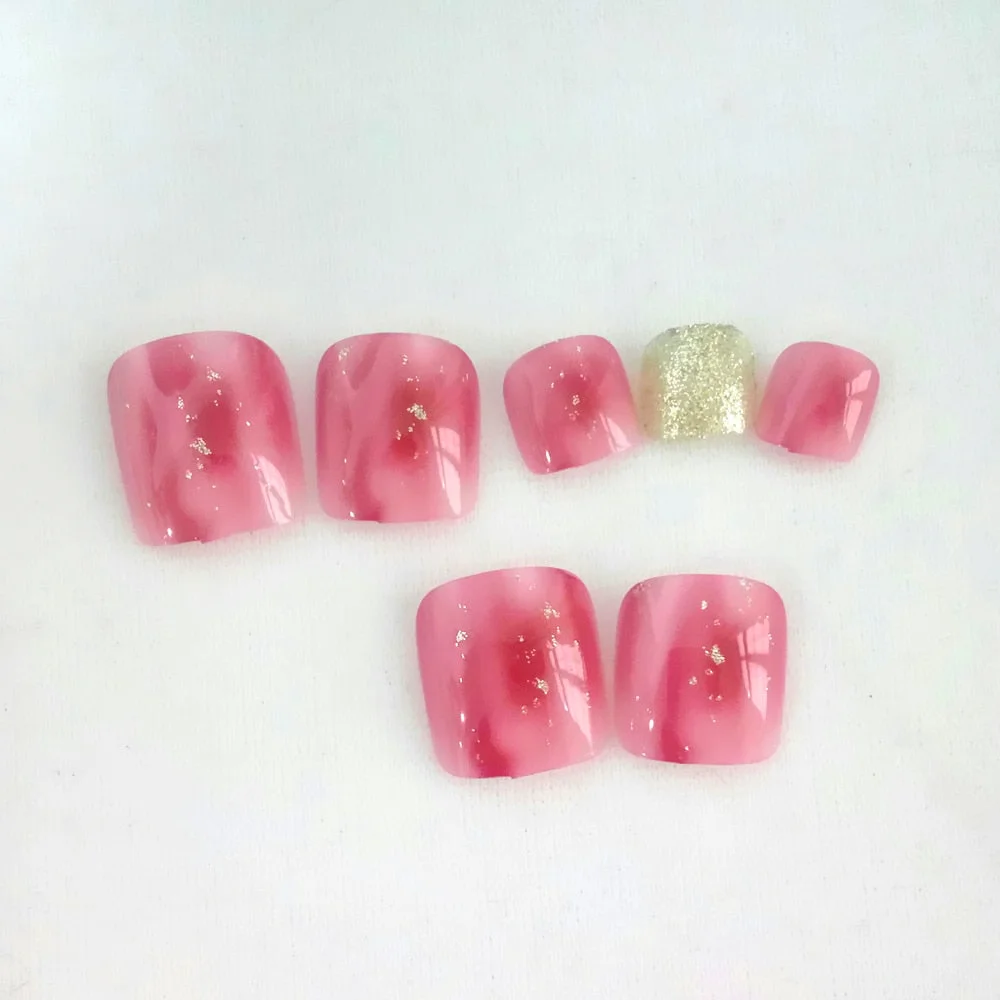 24Pcs Lady Artificial False Toenails Gradient Red Gold Foil Fake Toe Nails With Design DIY Foot Nail Art Tips Manicure Tools