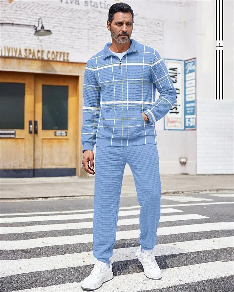Men's Quarter Zipper Plaid Jacquard Jogging Set  014