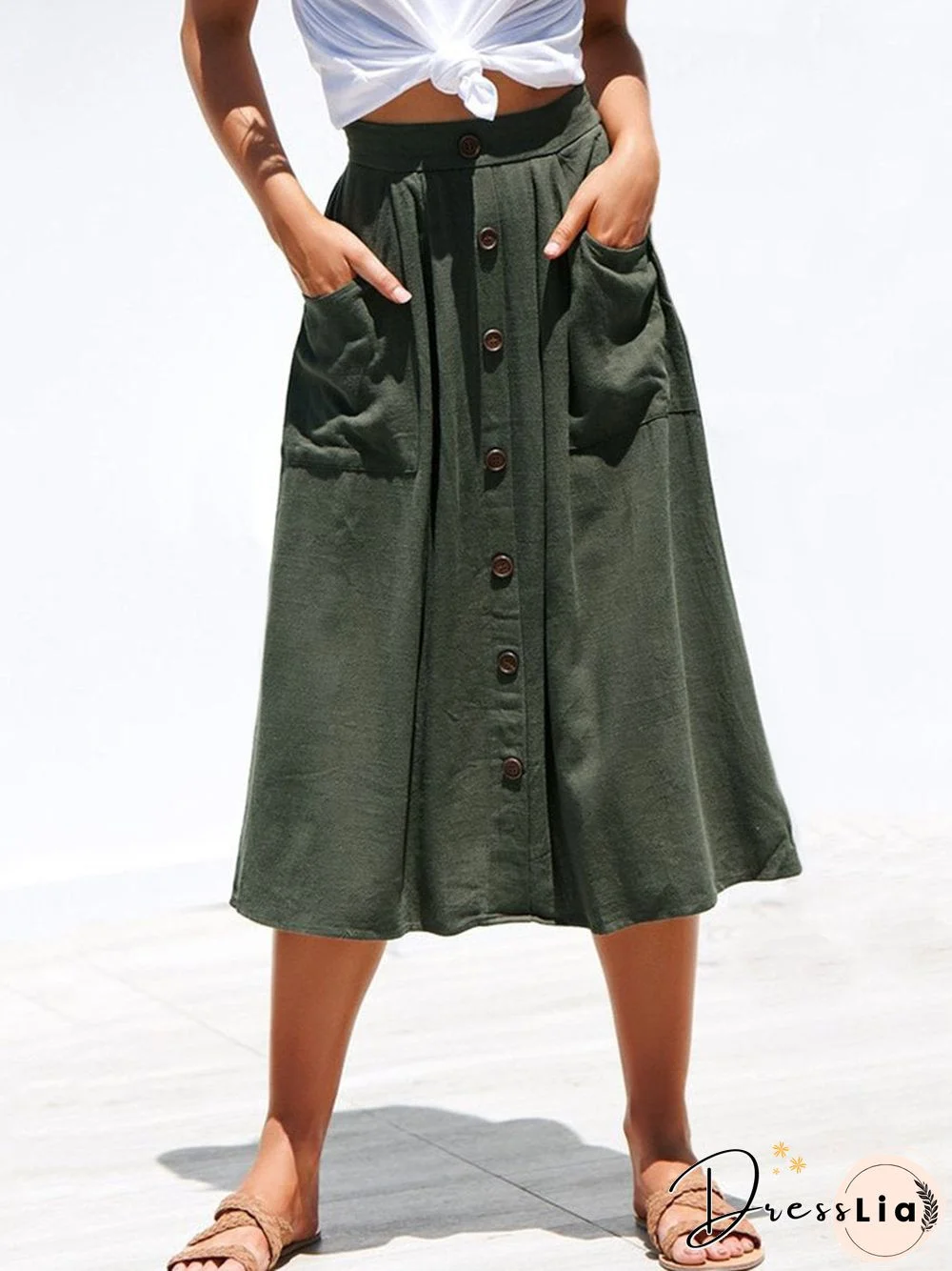 A-Lined Buttons Knee Length Midi Skirt With Pockets