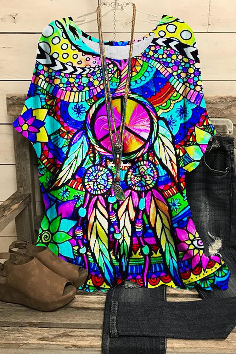 🔥kukelife🔥Hippie Psychedelic Tie Dye Wind Chime Loop Peace and Love Graphic Print Cotton Linen Casual Short Sleeve Top