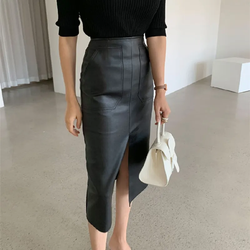 Women's Faux Leather Midi Slit Skirt