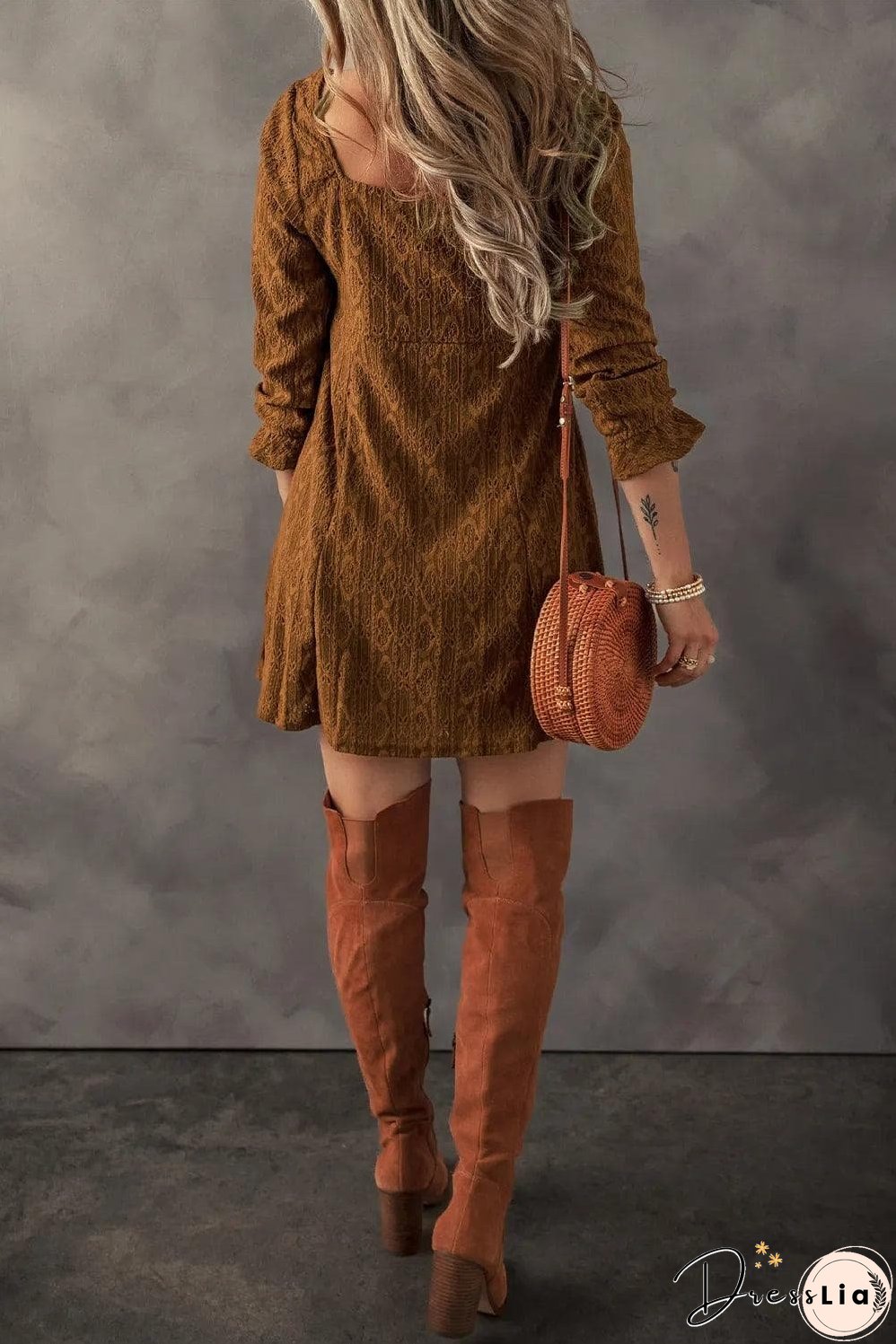 Chestnut Lace Crochet Buttoned Square Neck Shift Mini Dress