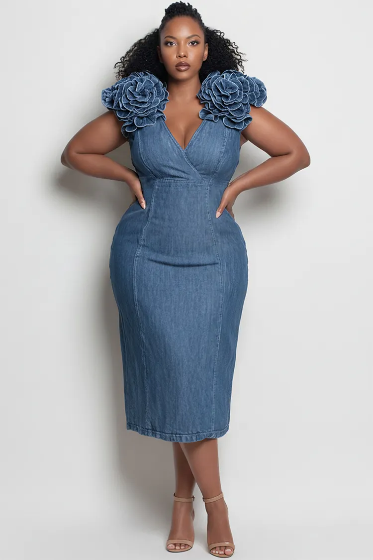Xpluswear Design Plus Size Party Blue V Neck 3D Denim Midi Dresses [Pre-Order] 2024 - Xpluswear