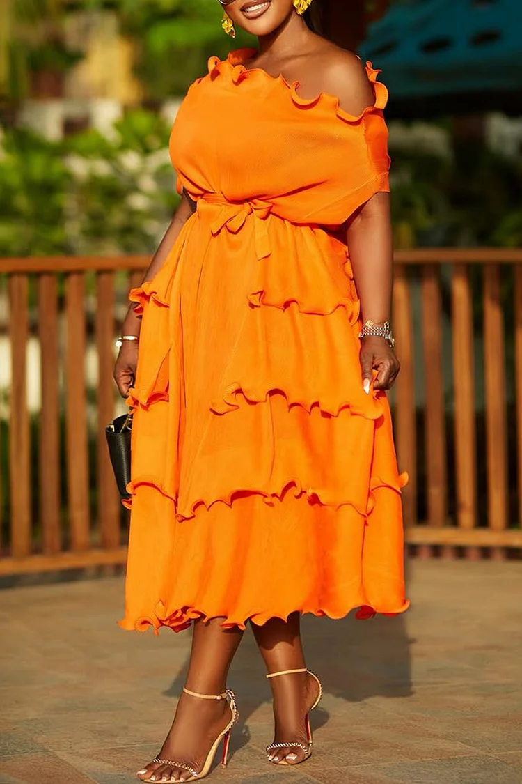 Plus Size Wedding Guest Orange Elegant Oblique Collar Wrap Midi Dresses [Pre-Order] 2024 - Xpluswear