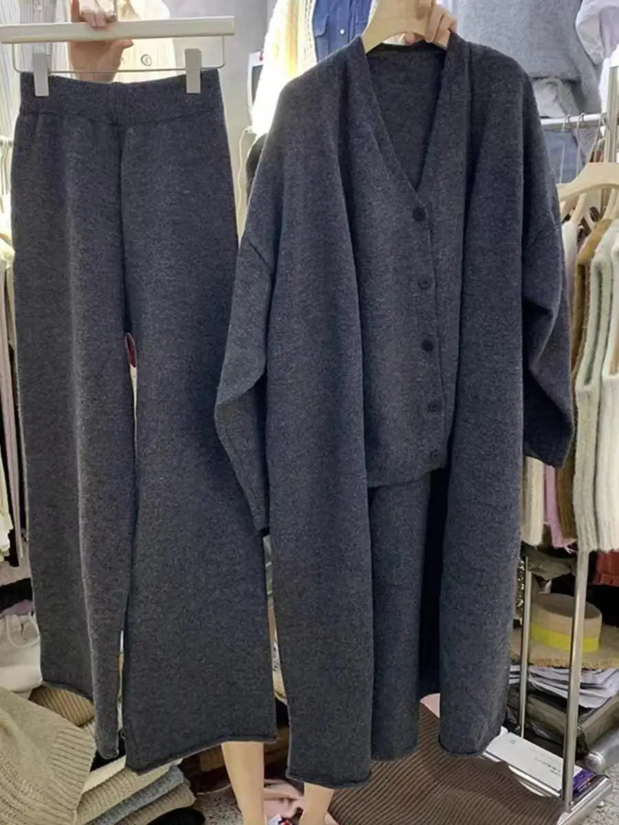 Aiertu New Autumn Winter Women Knitted Three Piece Set Cardigan Sweater + Single Breasted Vest Tops And Wide Leg Pants Fashion Elegant Aiertu