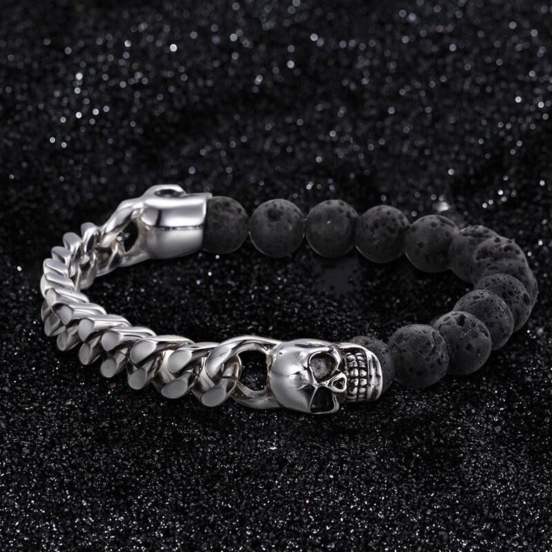 Cuban Chain And Volcanic Rock Skull Bracelet