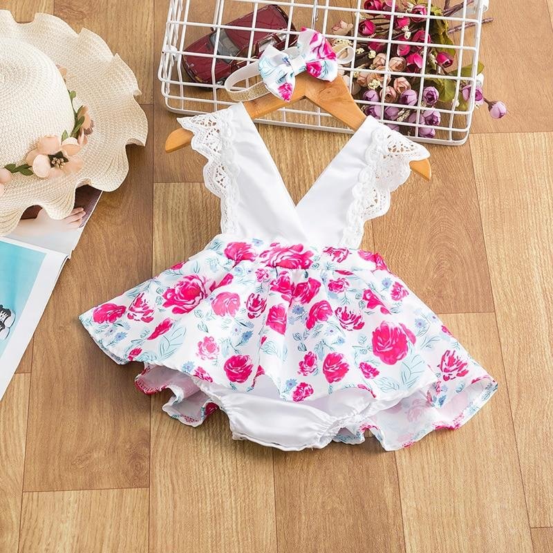Infant Baby Girls Floral Clothes Set Summer Lace Rose Print Jumpsuit+Headband Backless Sunsuit Cute Newborn Ruffle Baby Romper
