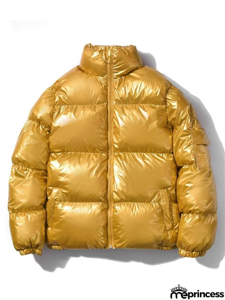 Trendy Casual Solid Zipper Stand Collar Loose Shiny Reflective Coats