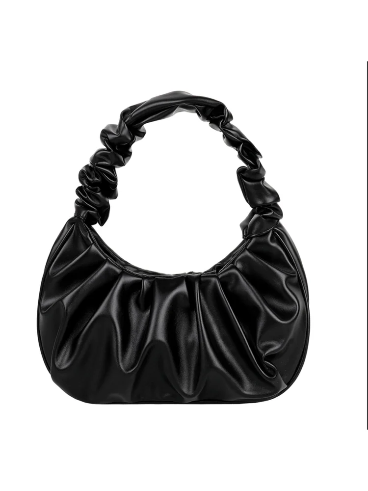 Versatile Pleated PU Leather Handbags Women Fashion Shoulder Bag (Black)