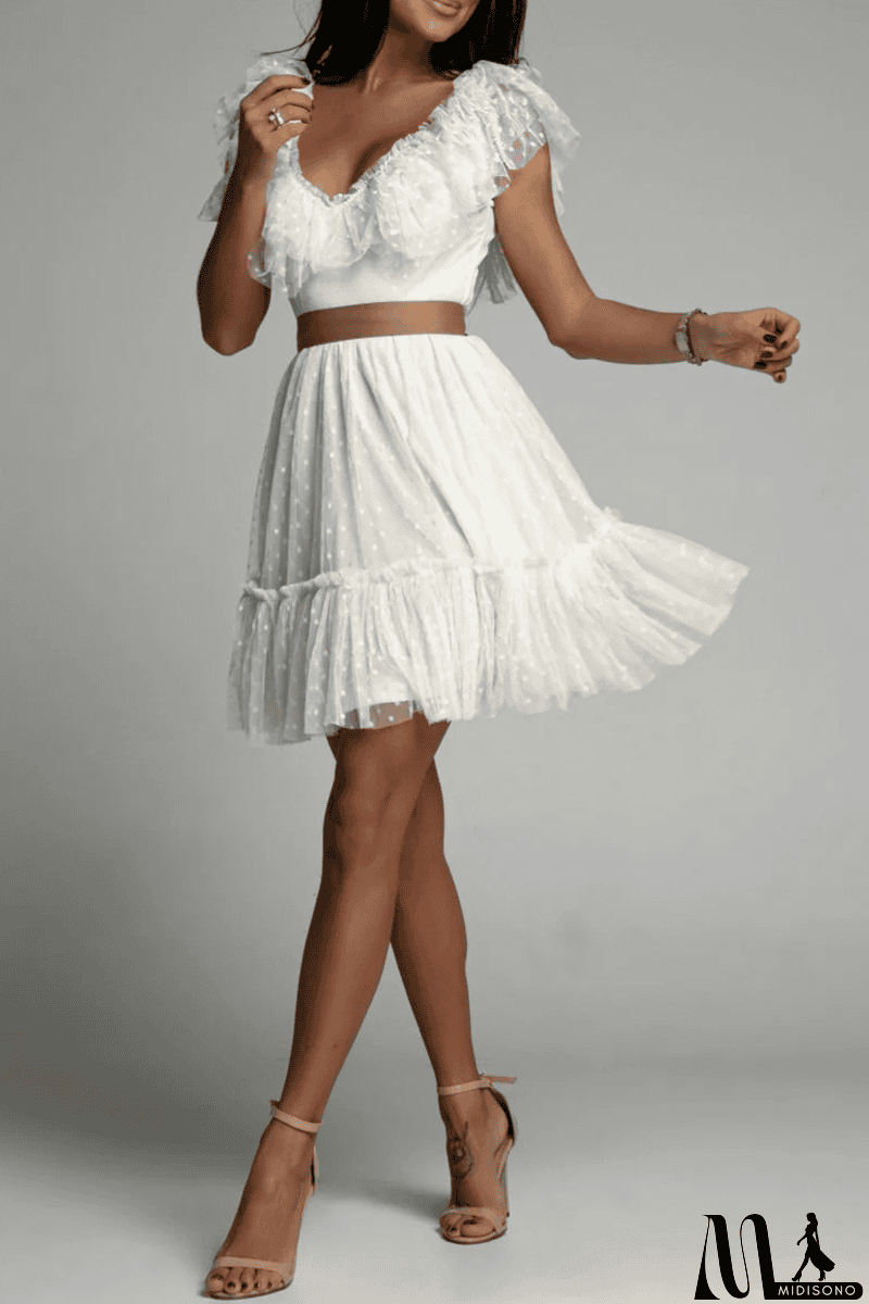 MidiSono - Dot Mesh V Neck Cake Skirt Dresses