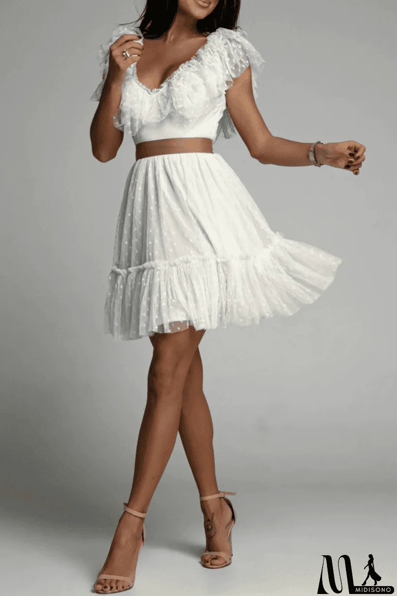 MidiSono - Dot Mesh V Neck Cake Skirt Dresses