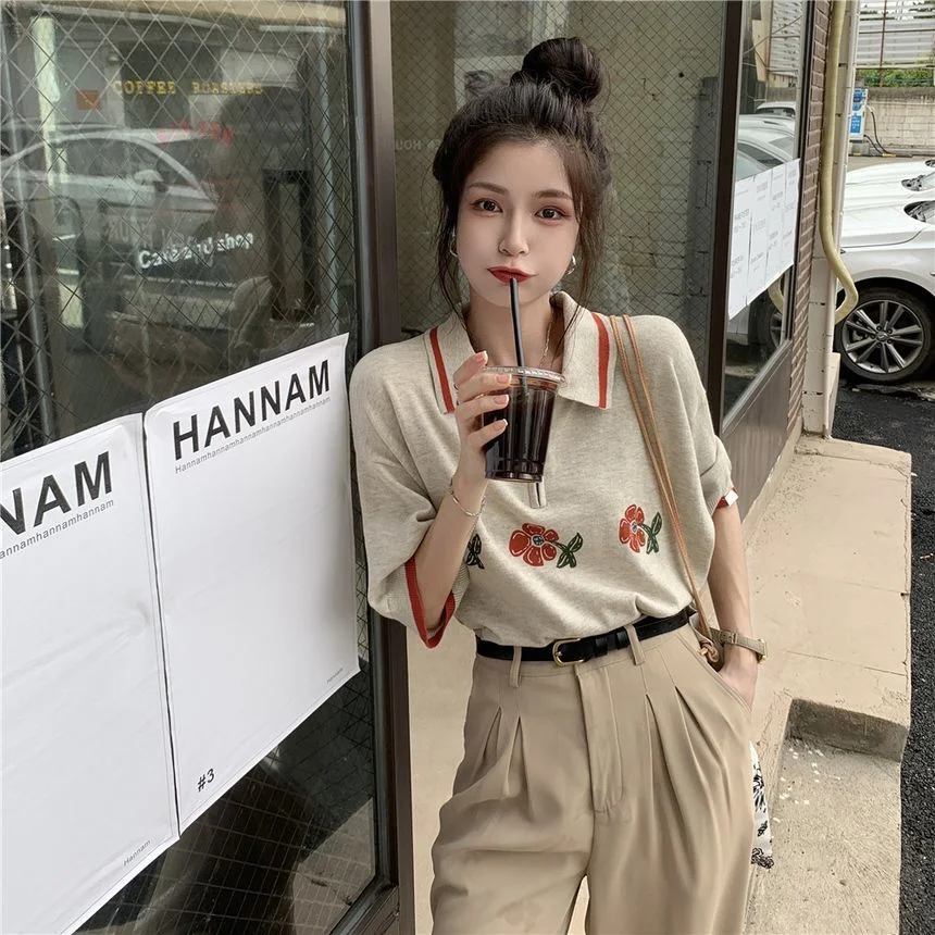Elbow-Sleeve Rose Print Polo Shirt YP3165