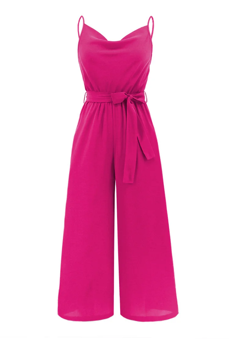 1950s Hot Pink Casual Fold Backless Cami Bow Sash Straight Leg Jumpsuit