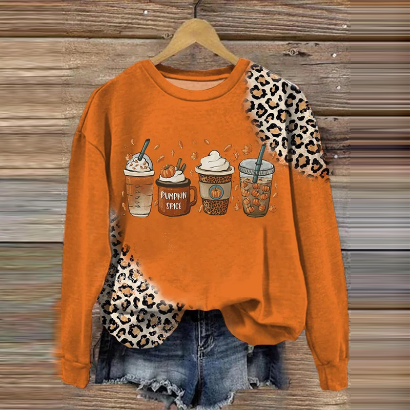 Comstylish Thanksgiving Autumn Leopard Fall Pumpkin Spice Coffee Printed Women's Sweatshirt