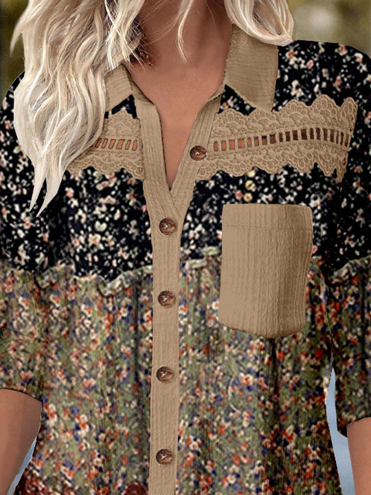 Women Long Sleeve Shirt Collar Floral Printed Graphic Lace Button Pockets Tops