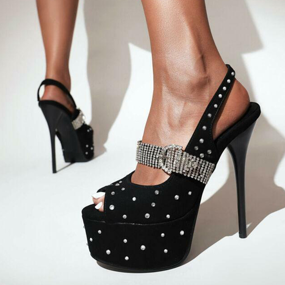 Black Polka Dot Peep Toe Stiletto Heel Platform Slingback Pumps Nicepairs