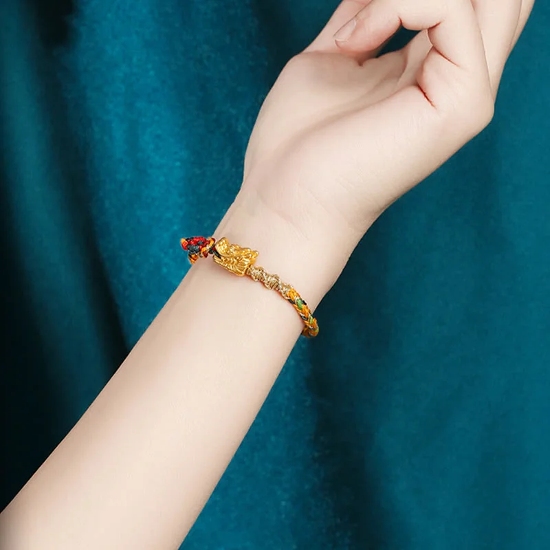 999 Sterling Silver Handmade Dragon Eight Thread Knot Colorful Luck Strength String Bracelet
