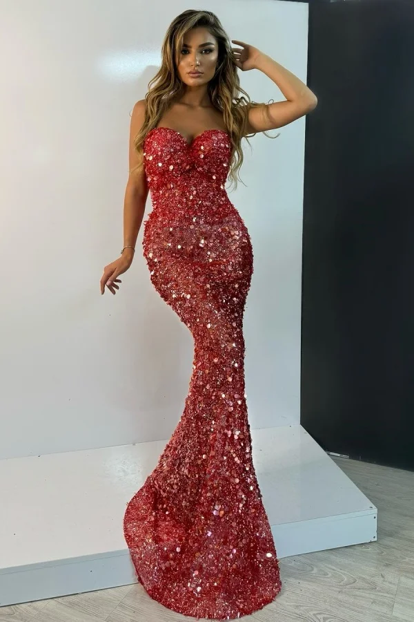 Lisliy Charming Red Big Sequins Strapless Mermaid Prom Dress 