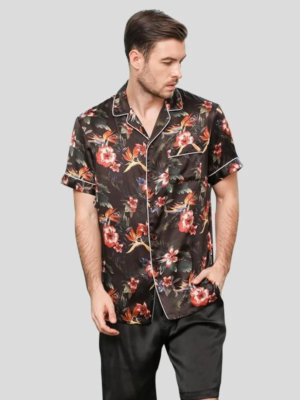 22 MOMME Pyjama en soie imprimé noir fleuri exotique homme 1
