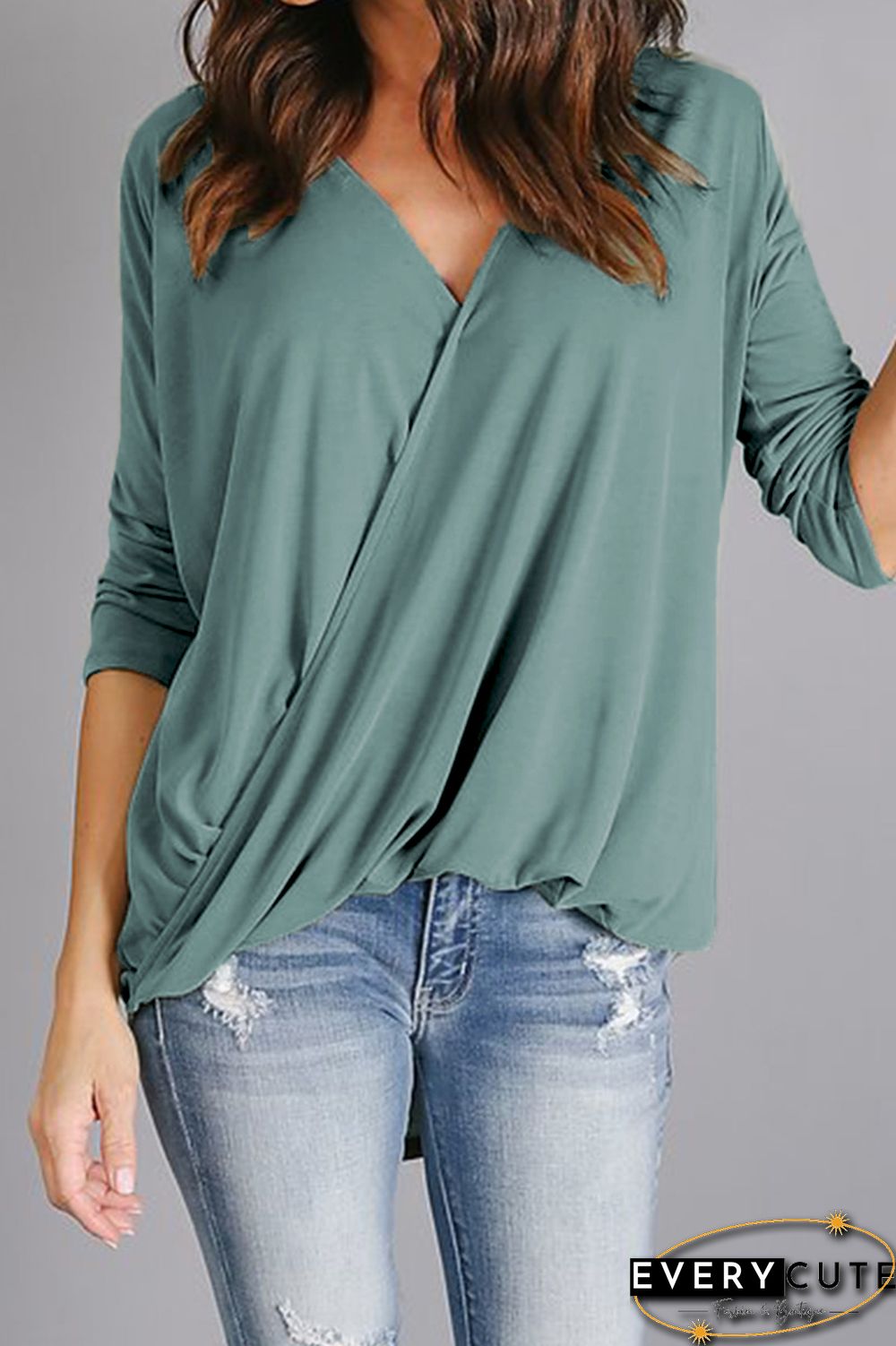 Green Wrap Hi-lo Hem Blouse