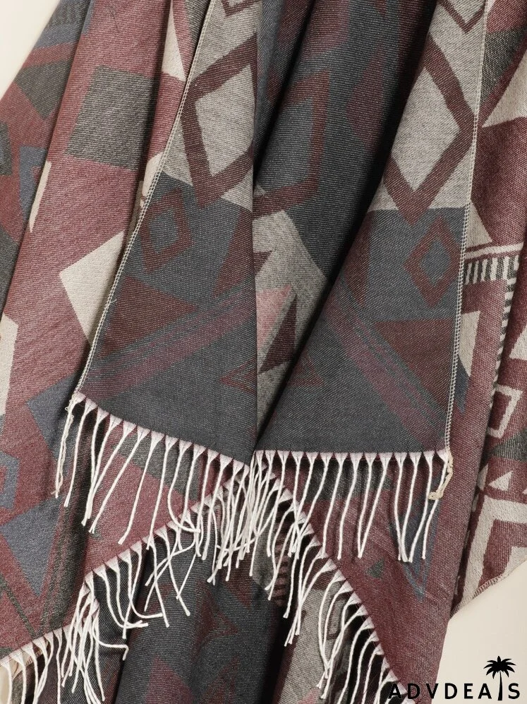 Geometric Print Fringe Hem Shawl Scarf