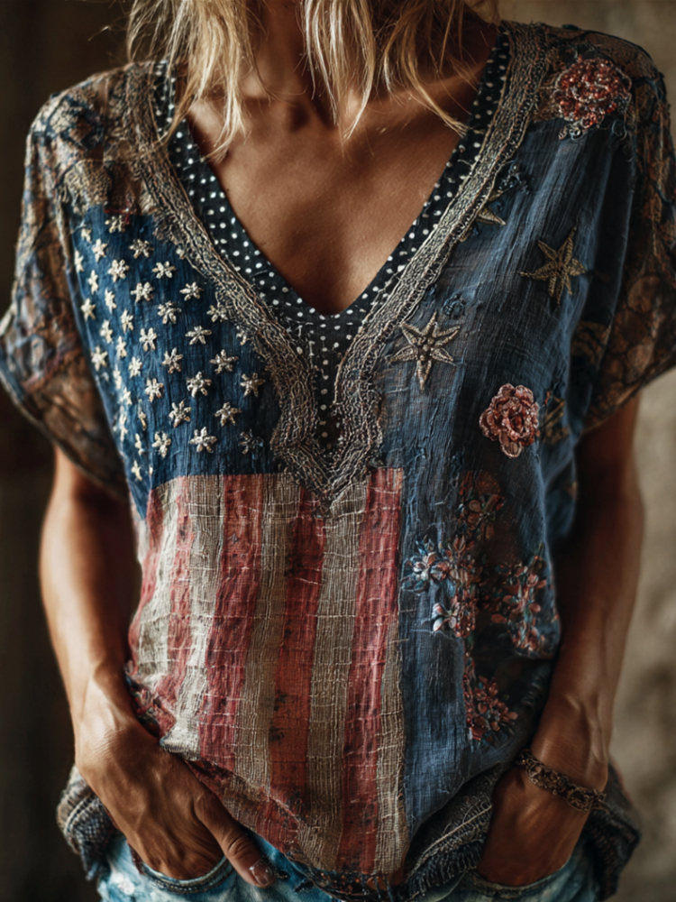  Vintage Floral And Flag Polka Dot Art Patchwork Casual V-neck Short Sleeve Top Westsshops