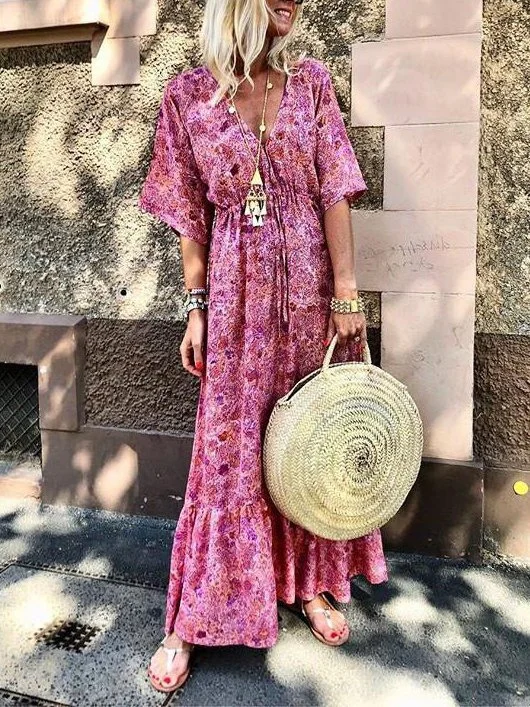 Pink Cotton-Blend Casual Floral V Neck Dresses Zaesvini