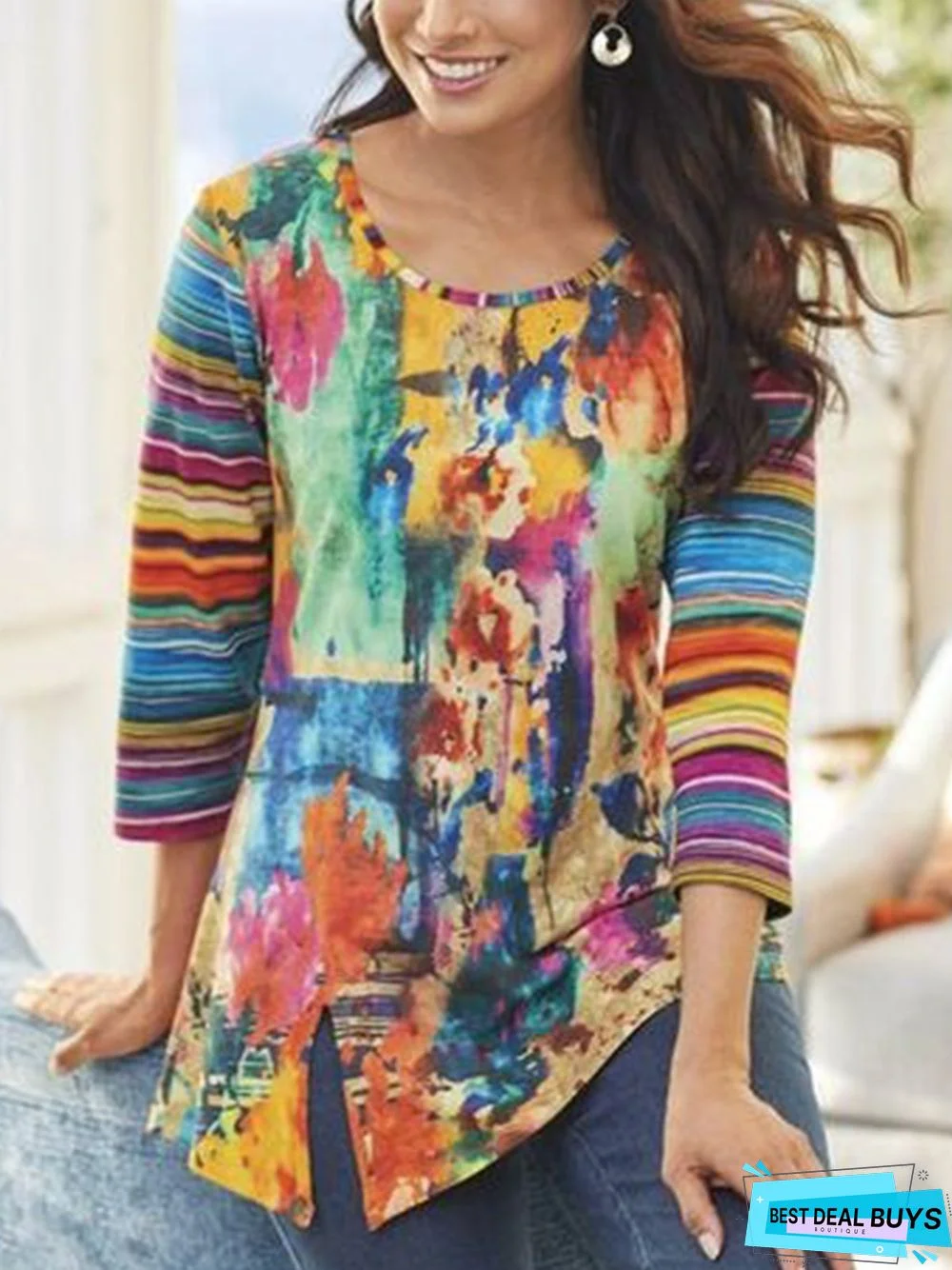 Random Print Crew Neck Vacation T-Shirt TUNIC