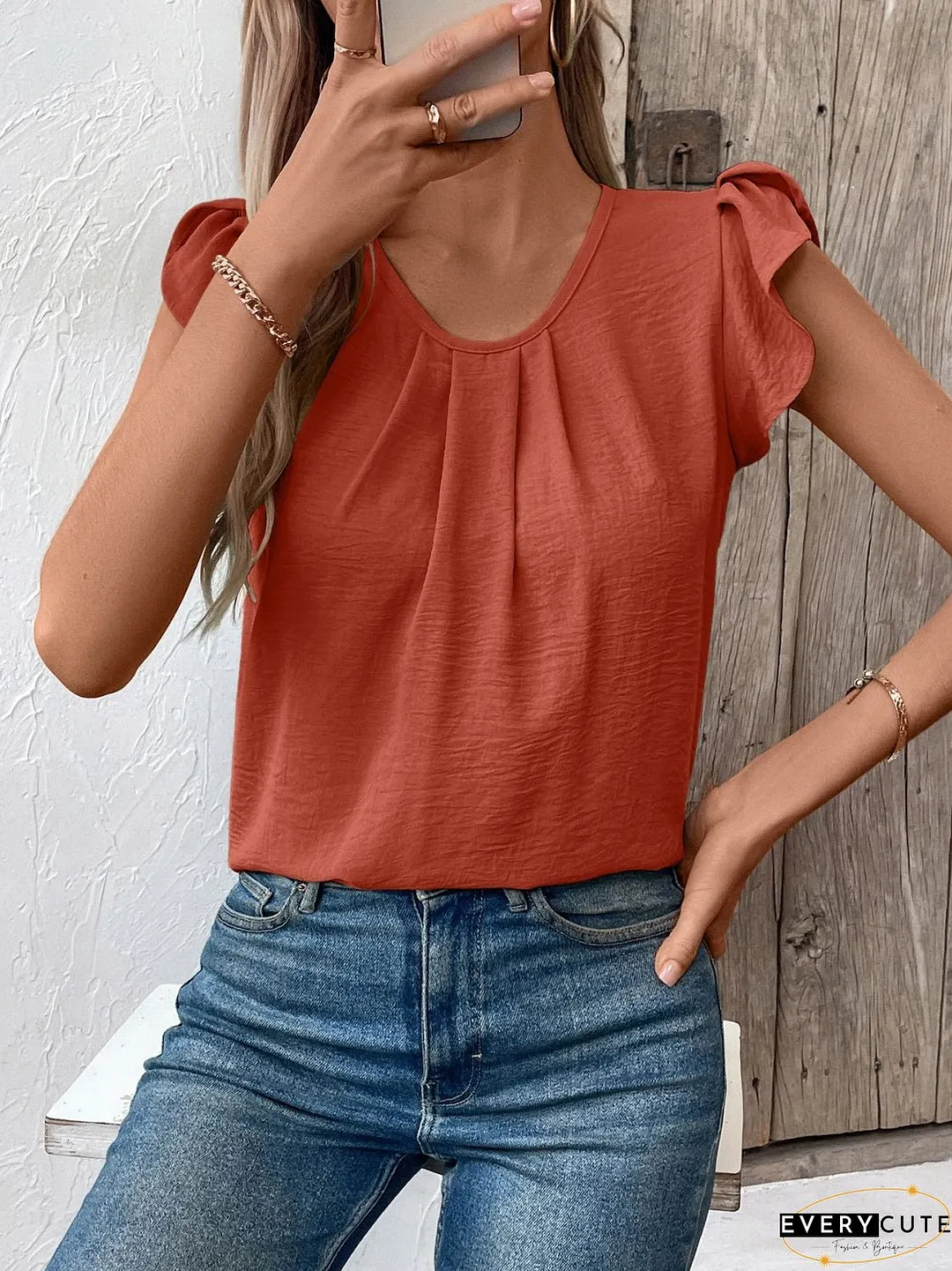 Ruched Round Neck Cap Sleeve Blouse