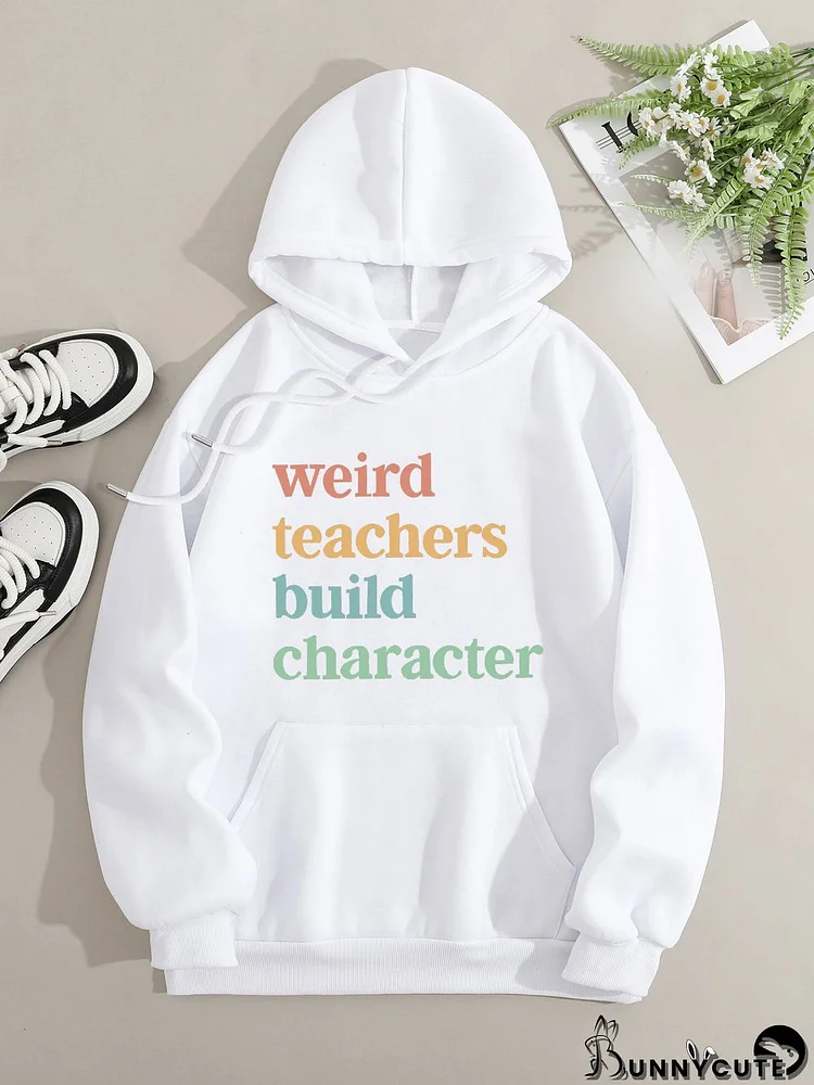 Printed on front Kangaroo Pocket Hoodie Long Sleeve for Women Pattern wired teacher build charater